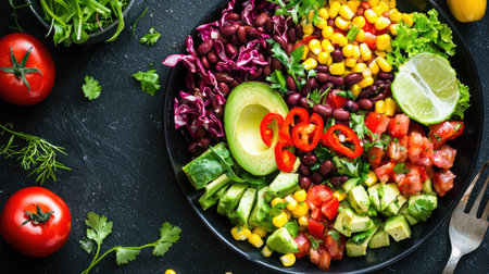 A vibrant and healthy vegetable salad featuring fresh avocado, luscious tomatoes, bright corn, and aromatic herbs, perfect for a nutritious meal.の素材