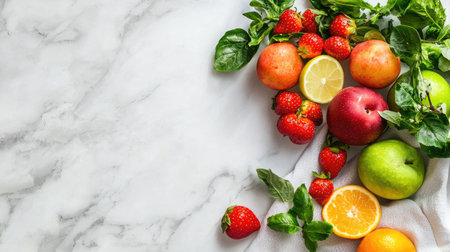 A colorful assortment of fresh fruits including apples, strawberries, oranges, and lemons intermingled with lush greens on a marble surface. Perfect for healthy lifestyle concepts.の素材