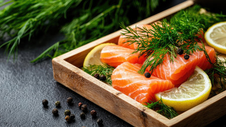 Vibrant salmon fillets arranged with fresh lemon slices and sprigs of dill create an inviting presentation, perfect for culinary professionals or home cooks.の素材