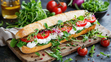 A vibrant vegetarian sandwich artfully arranged with fresh tomatoes, greens, and creamy cheese, presented on a rustic wooden board, perfect for a healthy meal.の素材