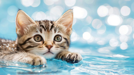 This charming image features an adorable tabby kitten playfully exploring water. The soft bokeh enhances the vibrant blue background, creating a captivating portrait that evokes joy and innocence. Perfect for animal lovers and nature enthusiasts alike.の素材