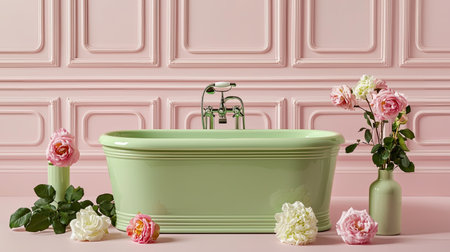 This stunning image features a stylish green bathtub elegantly set against a soft pink backdrop. Fresh flowers in varying hues surround the tub, creating a serene ambiance perfect for modern bathroom decor ideas. Ideal for beauty, wellness, and home improvement inspiration.の素材
