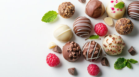 An enticing display of assorted chocolate truffles featuring flavors like vanilla and cocoa, adorned with fresh raspberries and mint leaves, perfect for any celebration.の素材
