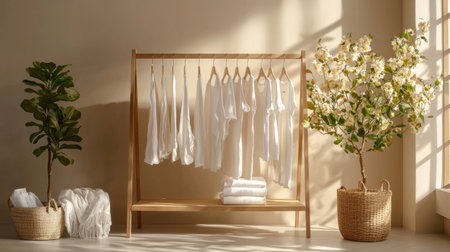 Bright minimalist interior featuring a wooden clothing rack with white garments, accompanied by greenery and soft textiles, creating a tranquil atmosphere.の素材