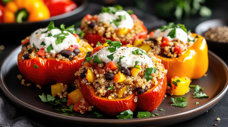 A beautiful arrangement of stuffed bell peppers filled with quinoa, black beans, and colorful vegetables, garnished with fresh herbs and sour cream, epitomizing healthy and delicious dining.の素材