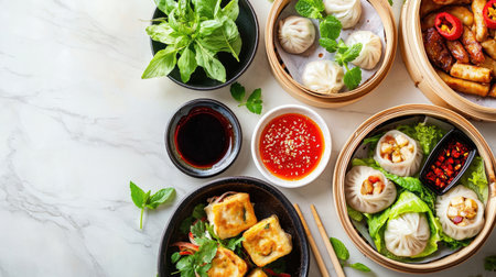 A beautiful flat lay showcasing an assortment of Asian dumplings served with vibrant herbs, savory sauces, and traditional wooden chopsticks on marble.の素材