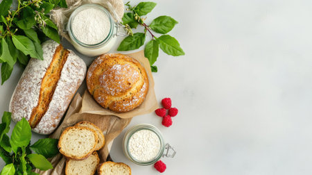 A beautiful arrangement featuring freshly baked bread and flour jars amidst vibrant green leaves and bright raspberries, perfect for food lovers.の素材