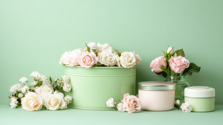 This image features a beautiful arrangement of soft roses in shades of pink and white, accompanied by elegant skincare jars, set against a gentle green background.の素材