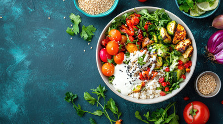 A vibrant bowl of fresh salad featuring grilled vegetables, cherry tomatoes, creamy dressing, and garnished with herbs, perfect for healthy meals.の素材