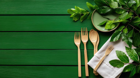 A vibrant green wooden surface features a natural table setting with wooden utensils and fresh green leaves, perfect for eco-friendly dining.の素材