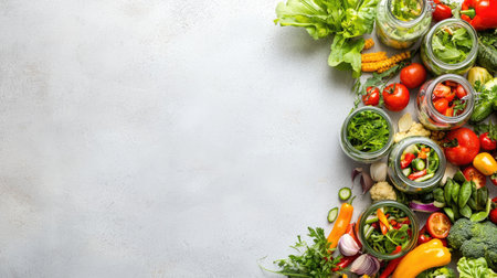This image showcases a beautiful arrangement of fresh vegetables and herbs on a clean table, emphasizing the importance of healthy cooking and nutrition.の素材