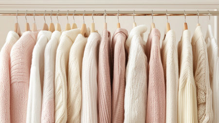 A beautifully arranged display of soft knit sweaters in pastel shades of pink and cream. The hanging garments showcase cozy textures and modern fashion styles.の素材