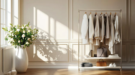 A serene and stylish scene featuring a minimalist clothing rack adorned with neutral garments, complemented by a stunning floral arrangement, bathed in soft sunlight.の素材
