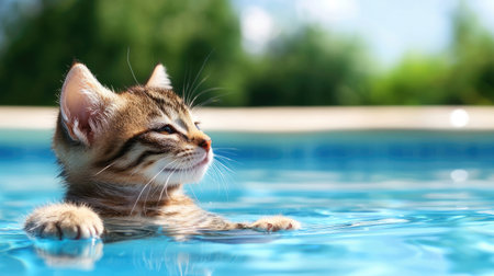 A charming kitten leisurely floats in a clear blue pool on a sunny day, embodying joy and tranquility in a peaceful outdoor environment.の素材