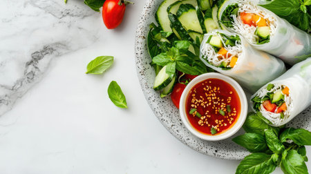A beautifully arranged plate of fresh spring rolls filled with vegetables and herbs, accompanied by a flavorful dipping sauce on a marble table.の素材