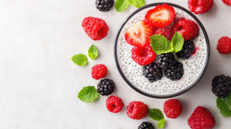 A vibrant chia seed pudding topped with fresh berries and mint leaves, ideal for healthy eating and brightening up breakfast or snack options.の素材