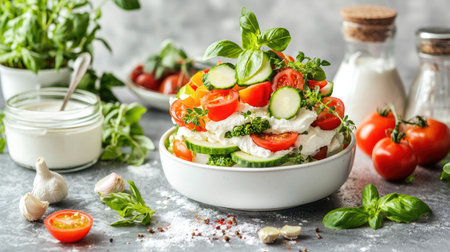 A vibrant and fresh vegetable salad featuring cherry tomatoes, cucumber slices, garlic, and a creamy dressing, perfect for a healthy meal or snack.の素材