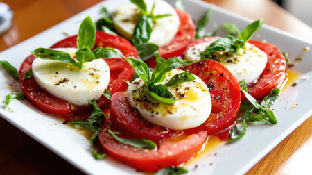 A beautifully arranged Caprese salad featuring fresh mozzarella, ripe tomatoes, and fragrant basil drizzled with olive oil, perfect for any meal.の素材