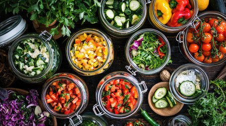 A vibrant display of fresh vegetables in clear glass jars and bowls, showcasing a variety of colors and textures, perfect for healthy meal preparation.の素材