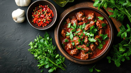 A flavorful beef stew served with fresh herbs like parsley and spices, perfect for a warm meal. Ideal for culinary enthusiasts and home cooks.の素材