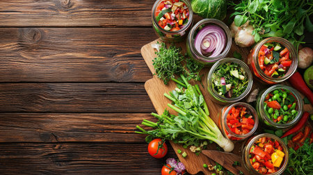 An inviting display of assorted fresh vegetables and herbs in glass jars, arranged on a rustic wooden table, showcasing healthy cooking ingredients.の素材