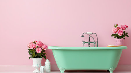 A charming vintage mint green bathtub enhances a stylish bathroom with a soft pink wall. The scene features beautiful arrangements of fresh roses, creating an inviting oasis perfect for relaxation and tranquility.の素材