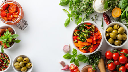 A vibrant collection of fresh vegetables and herbs arranged neatly on a white background, ideal for healthy meal preparation and cooking inspiration.の素材