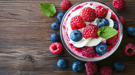 A delightful berry parfait featuring fresh raspberries, blueberries, and a touch of mint, perfect for a healthy snack or breakfast option.の素材