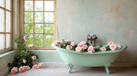 A serene vintage bathroom featuring a charming bathtub filled with lovely pink roses. Soft light shines through the window, creating a tranquil and inviting atmosphere.の素材