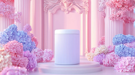 This captivating image features an elegant cylindrical container showcased within a dreamy floral arrangement of vibrant hydrangeas, perfect for marketing or product displays.の素材