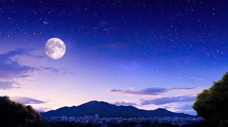 A captivating scene featuring a bright full moon illuminating a serene landscape with a city skyline at dusk, surrounded by a starry sky.の素材