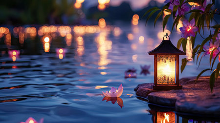 Experience the serene beauty of a tranquil lake illuminated by glowing lanterns and blooming flowers, perfect for evoking calm and reflection.の素材