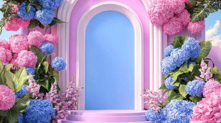 A stunning floral arch featuring lush pink and blue hydrangeas set against a soft blue background. Ideal for spring events, celebrations, or artistic projects.の素材