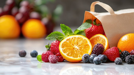 A vibrant display of fresh seasonal fruits including oranges, strawberries, and blueberries arranged next to a paper bag on a stylish marble surface.の素材