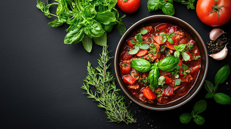 This image showcases a vibrant dish filled with fresh tomatoes, fragrant herbs, and garlic, arranged beautifully on a dark background, perfect for culinary inspiration.の素材