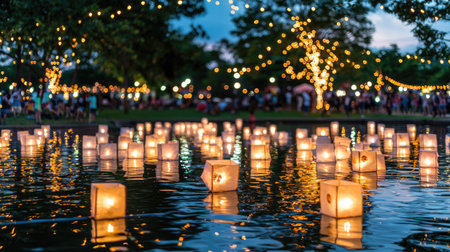 A serene evening scene featuring glowing lanterns floating on tranquil waters, surrounded by a charming outdoor festival decorated with fairy lights.の素材