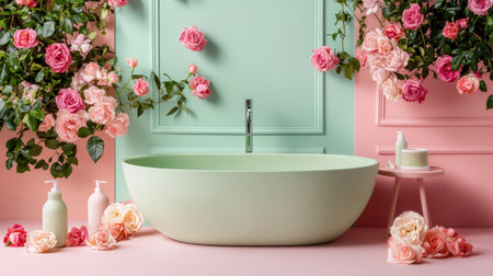 This image features a serene bathroom scene with a stylish freestanding tub surrounded by vibrant roses and pastel walls, ideal for relaxation and tranquility.の素材