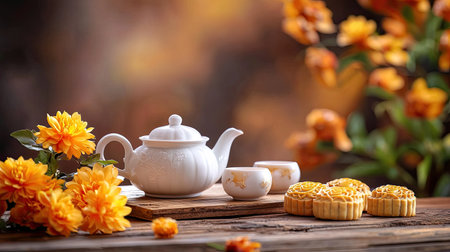A serene tea set featuring a white teapot and matching cups, accompanied by golden mooncakes and vibrant flowers, creates a tranquil autumn scene perfect for relaxation.の素材