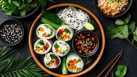 This image showcases an exquisite arrangement of fresh vegetable rice paper rolls served alongside a flavorful dipping sauce, creating a vibrant and healthy meal.の素材