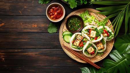 A vibrant plate of Asian cuisine featuring fresh vegetables, wraps, and sauces, perfect for culinary enthusiasts seeking healthy dining options.の素材