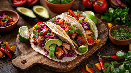 This mouthwatering image showcases delicious tacos filled with grilled chicken, fresh avocado, lime, and vibrant vegetables, set on a rustic wooden board.の素材