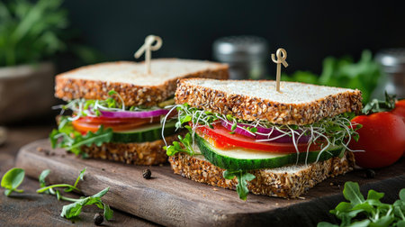 A vibrant and healthy vegetable sandwich is beautifully presented on a rustic wooden cutting board. Fresh ingredients such as cucumber, tomato, and sprouts are layered between slices of whole grain bread, creating a nutritious meal ideal for any time of day. Perfect for food photography or meal inspiration.の素材