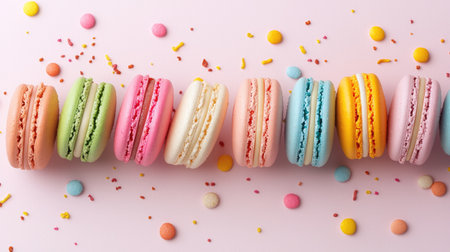 A stunning display of colorful macarons arranged on a soft pink background, adorned with sprinkles for a festive dessert presentation. Perfect for sweet-themed events.の素材
