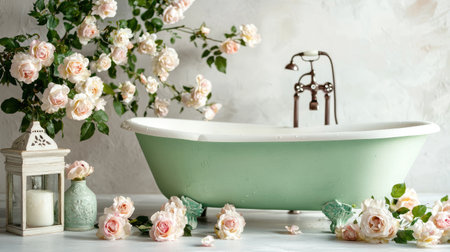 A charming vintage bathtub is beautifully arranged with delicate pink roses and decorative lanterns, creating a serene and elegant bathroom atmosphere.の素材