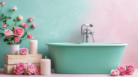 A beautifully designed bathroom scene featuring a vintage-style mint green bathtub, fresh roses, soft white candles, and a calming pink and green wall backdrop.の素材