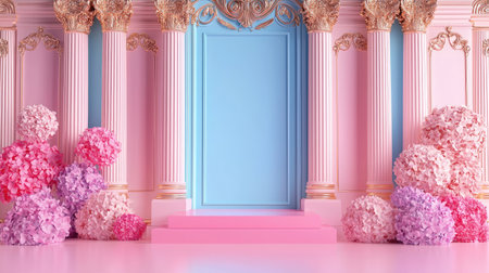 This stunning indoor setting features elegant architectural columns and a vibrant floral arrangement, perfect for fashion shoots or decorative use.の素材