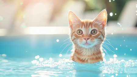 A cheerful ginger kitten plays joyfully in bright blue water, creating playful splashes under warm sunlight, showcasing its adorable personality and curiosity.の素材