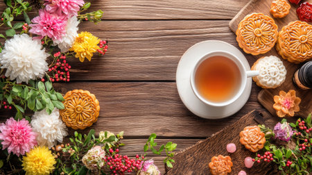 This enchanting display features a cup of tea surrounded by a variety of mooncakes and vibrant flowers on a rustic wooden table, ideal for autumn gatherings.の素材