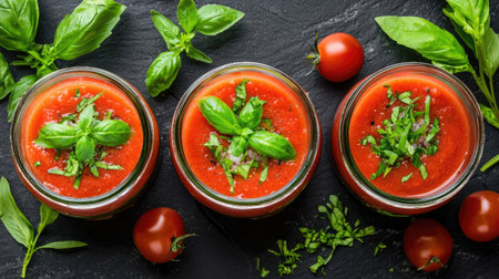 Vibrant fresh tomato soup is garnished with basil and served in elegant glass jars. Perfect for a healthy meal or gourmet appetizer.の素材