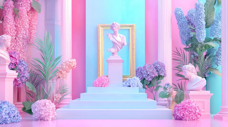This vibrant pastel gallery features floral decorations, classical sculptures, and modern design elements, creating an artistic and inspiring atmosphere.の素材
